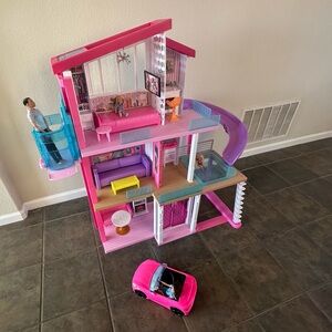 Barbie Dream House Playset with Slide - Pink and Blue, Barbies & Car Included